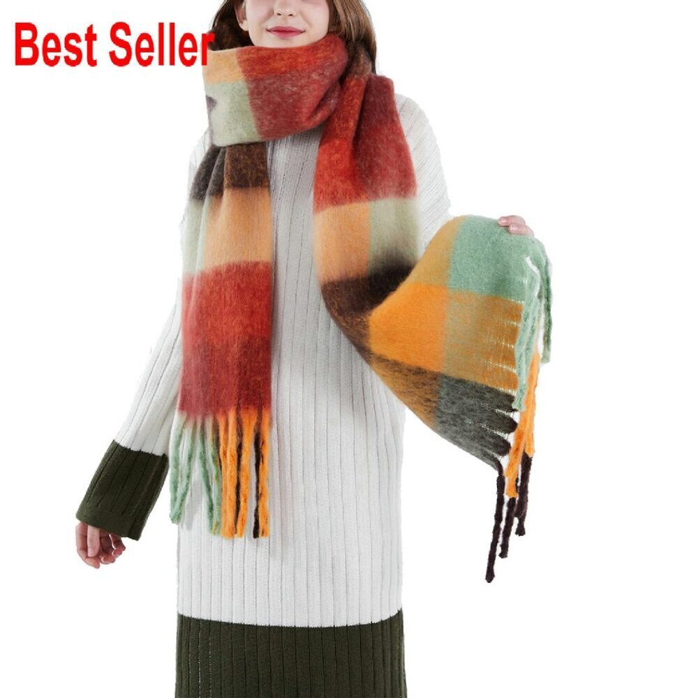 Oversized Chunky Plaid Scarf Soft Thick Warm Shawl Winter Wrap